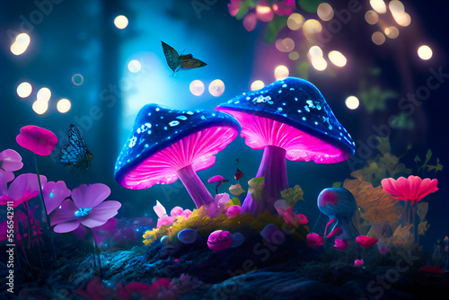 Glowing mushrooms in the night forest.  Generative AI. © EwaStudio