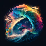 Leaping dolphins in crashing waves of surf, bright rainbow colors