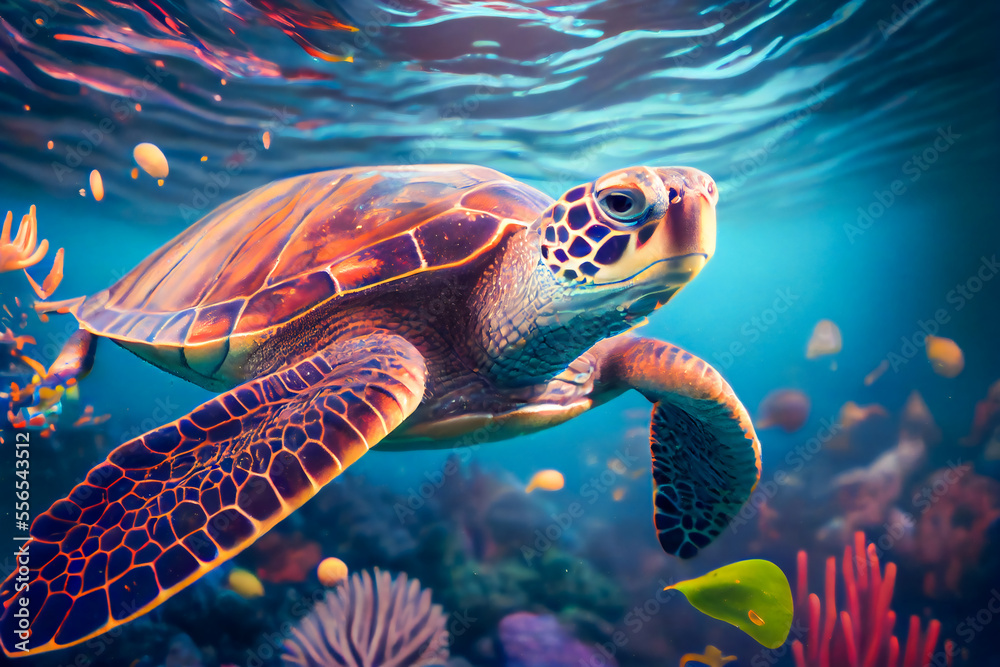 Fototapeta premium Sea turtle swims under water. Generative AI.
