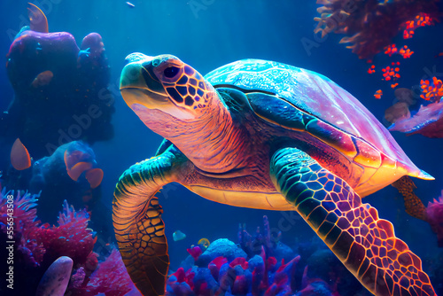 Fototapeta Sea turtle swims under water.  Generative AI.
