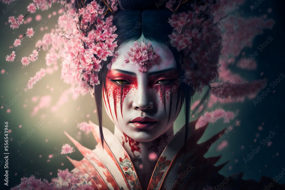 young pretty geisha in kimono with sakura.  Image created with Generative AI technology.