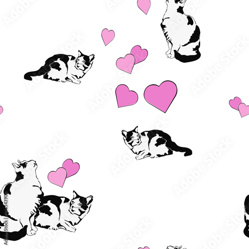 Cat seamless pattern. Cat in different positions and heart. Animal print. Graphic design, packaging template, textiles, bedding and wallpaper.