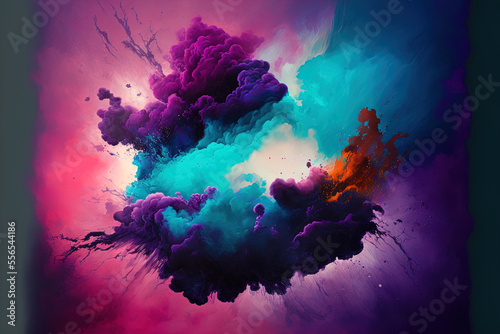 Underwater explosion over a purple backdrop with colorful haze in acrylic paint. Generative AI