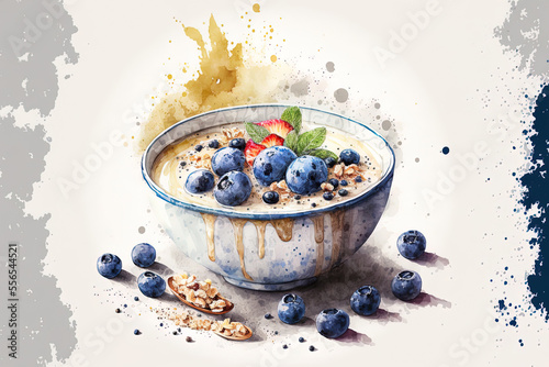 porridge bowl. For a nutritious breakfast or lunch, try oat porridge with banana, blueberries, walnuts, chia seeds, and almond milk. healthy diet, food. Banner. Generative AI
