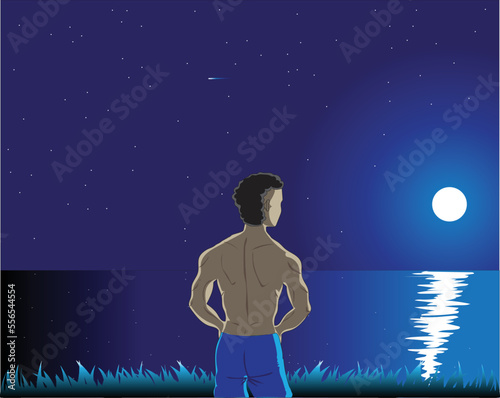vector design of a man without wearing a shirt or clothes on his body and wearing only blue pants looks looking at the moon from the seaside on the grass pads at night and stars
