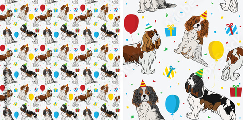 Holiday wallpaper with dogs, confetti.Happy Birthday Pattern with cavalier king Charles spaniels in a party hat, seamless texture. Repeatable textile, wrapping paper, white background graphic design. 