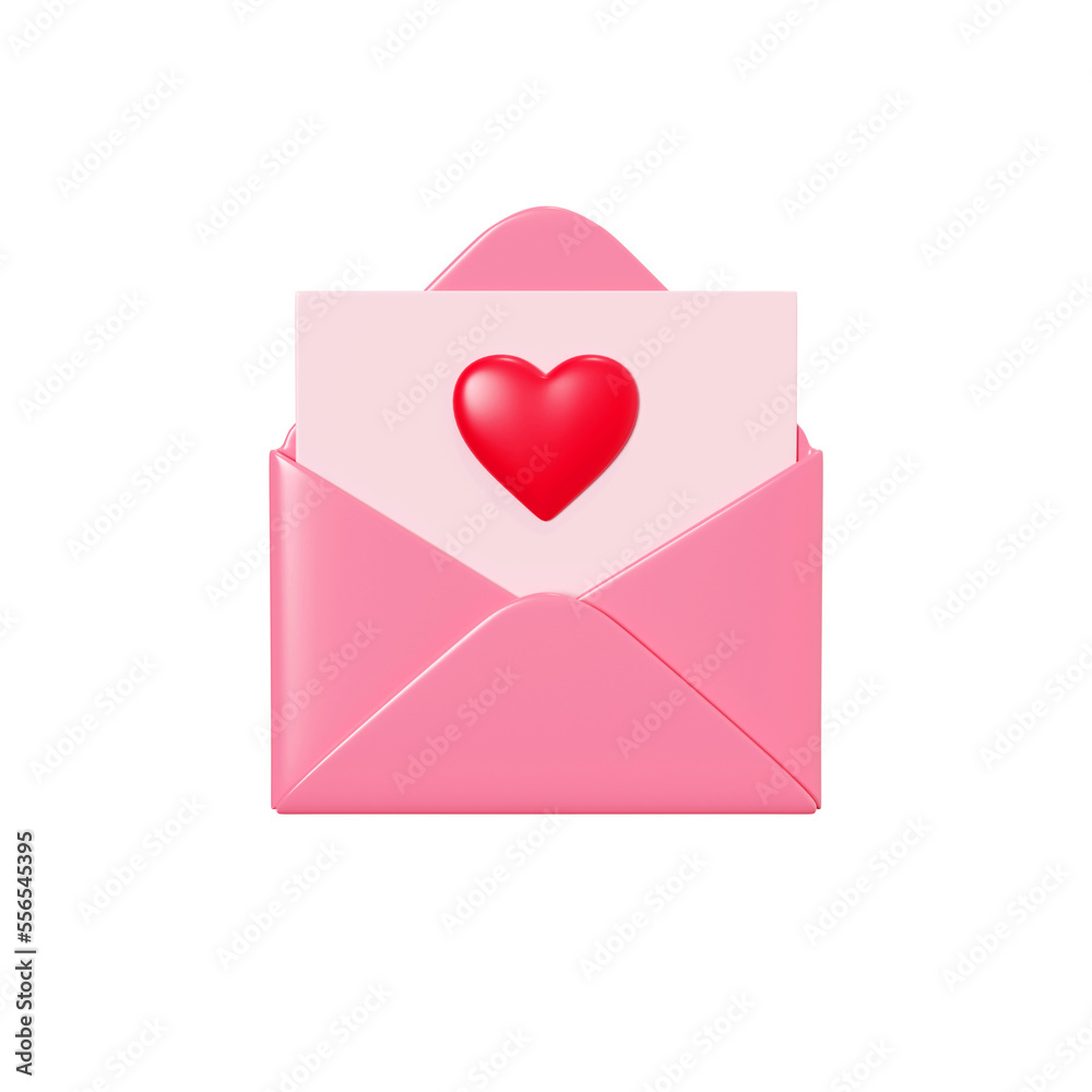 Love letter 3d render - open pink envelope with paper card and red heart decoration. Romantic newsletter or message for romantic congratulation or Valentine day greeting isolated on white.