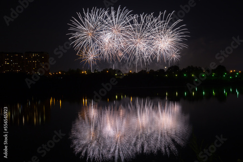 Beautiful fireworks with reflection in the pond