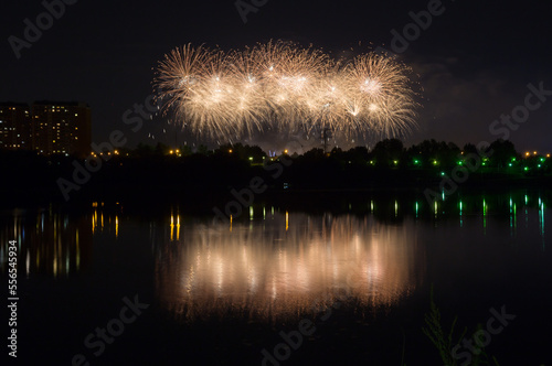 Beautiful fireworks with reflection in the pond