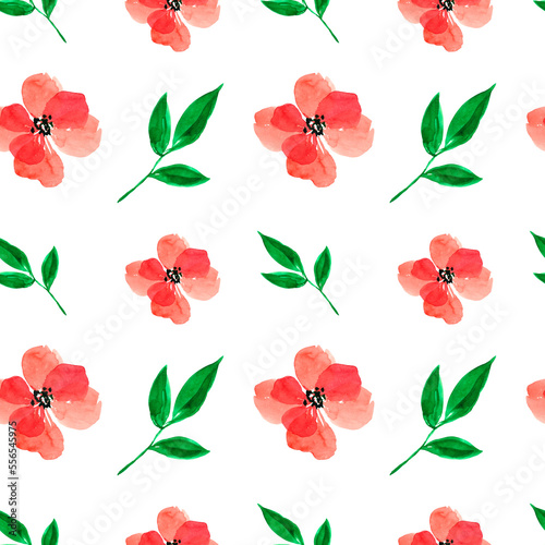 Drawn watercolor red flowers on a white background. Red flowers watercolor seamless pattern. Spring. Summer. Home textiles. Fabric print. Floral background.