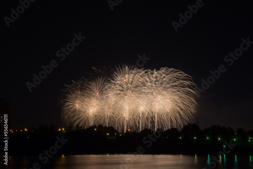 Beautiful fireworks with reflection in the pond