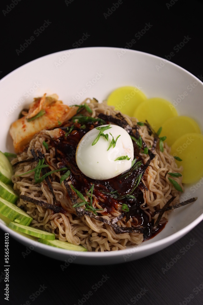 Japanese Soba Instant Noodles with Korean Gochujang Sauce, Kimchi, Egg, Pickled Radish