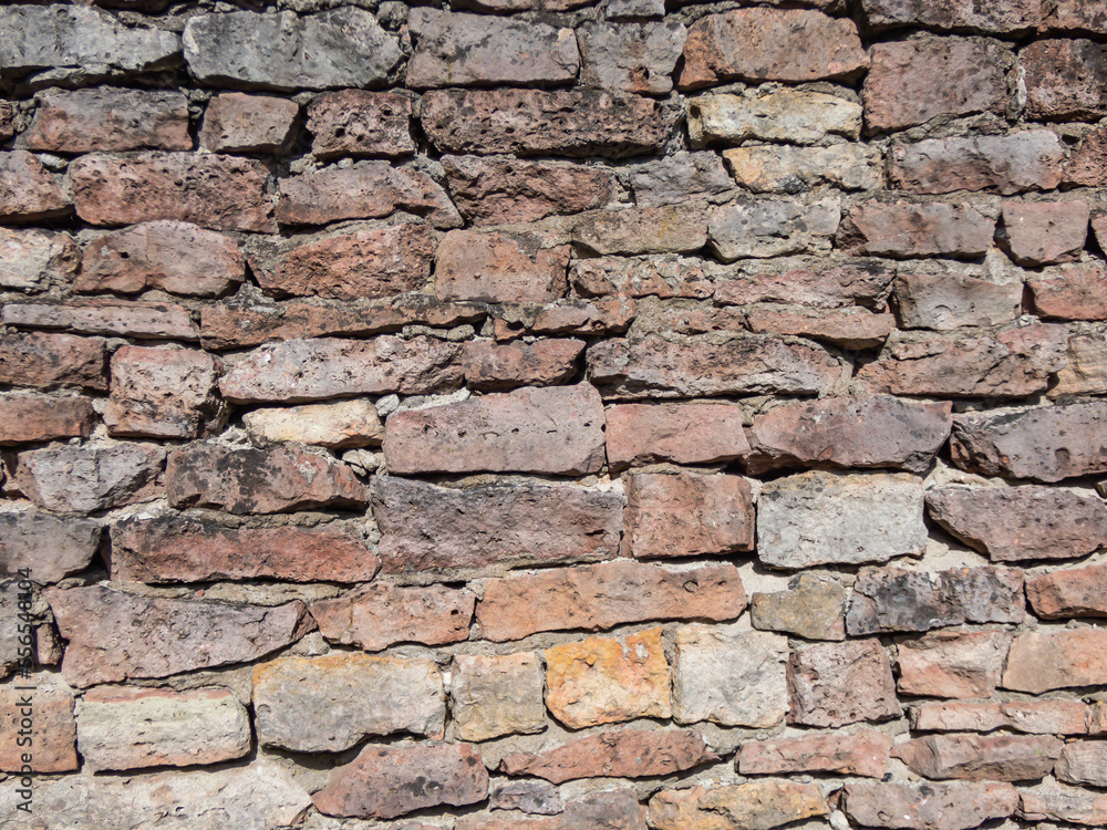 Fototapeta premium View of empty, old white, pink and grey brick wall background with copy space. A deteriorating old brick wall outdoors in sunlight