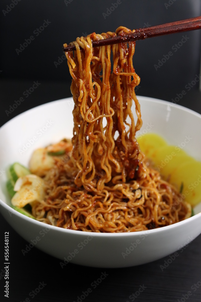 Japanese Soba Instant Noodles with Korean Gochujang Sauce, Kimchi, Egg