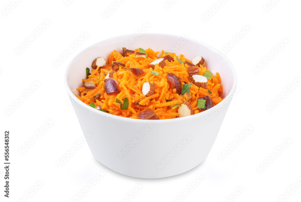 Carrot nuts dated moroccan salad in a bowl on a white isolated background Carrot nuts dated moroccan salad in a bowl on a white isolated background