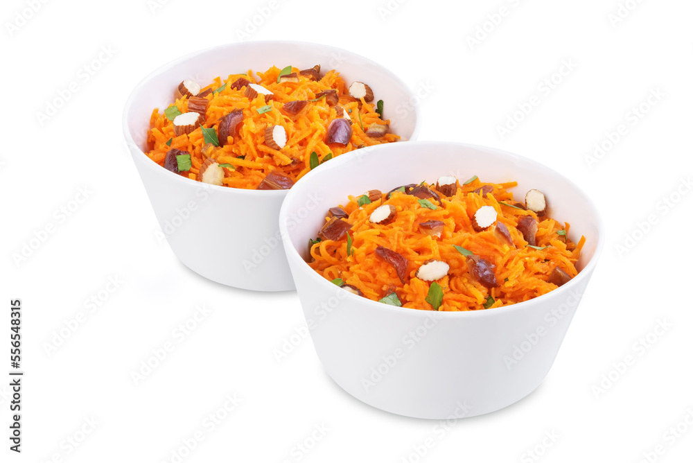 Carrot nuts dated moroccan salad in a bowl on a white isolated background Carrot nuts dated moroccan salad in a bowl on a white isolated background