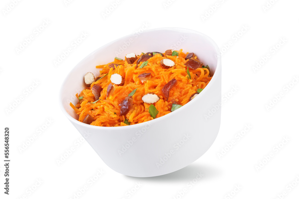 Carrot nuts dated moroccan salad in a bowl on a white isolated background Carrot nuts dated moroccan salad in a bowl on a white isolated background