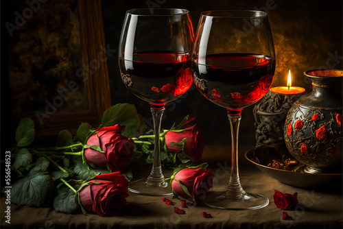 Romantic dinner with two glasses of red wine  candles and red roses. Wine tasting romantic evening. Celebration for two with glasses of red wine  Generative AI background.