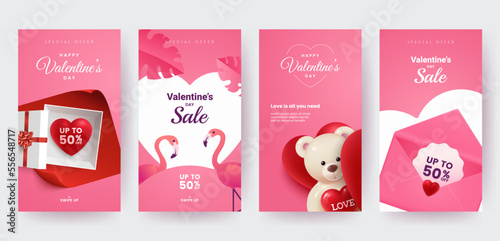 Set of Valentine's Day social media stories templates. Love banners with cute romantic design elements. Ideal for web, event invitation, discount voucher, advertising. Vector eps 10