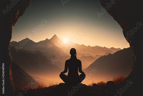 Person meditating overlooking a mountain valley at sunrise - Generative AI