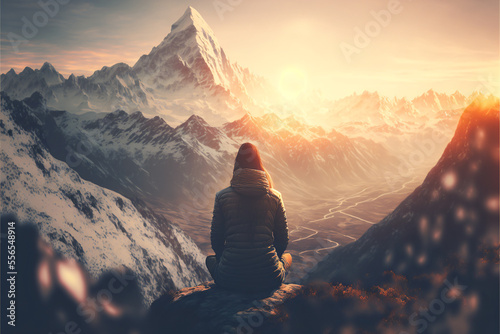 Person meditating while overlooking snow covered mountains at sunrise - Generative AI