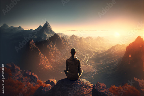 Person meditating while overlooking a mountain valley in the fall - Generative AI.