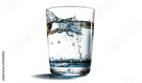 Water splash in a transparent glass. Glass of water with splash on white background. Bubble in a water splash. Generative AI water splash out of glass.