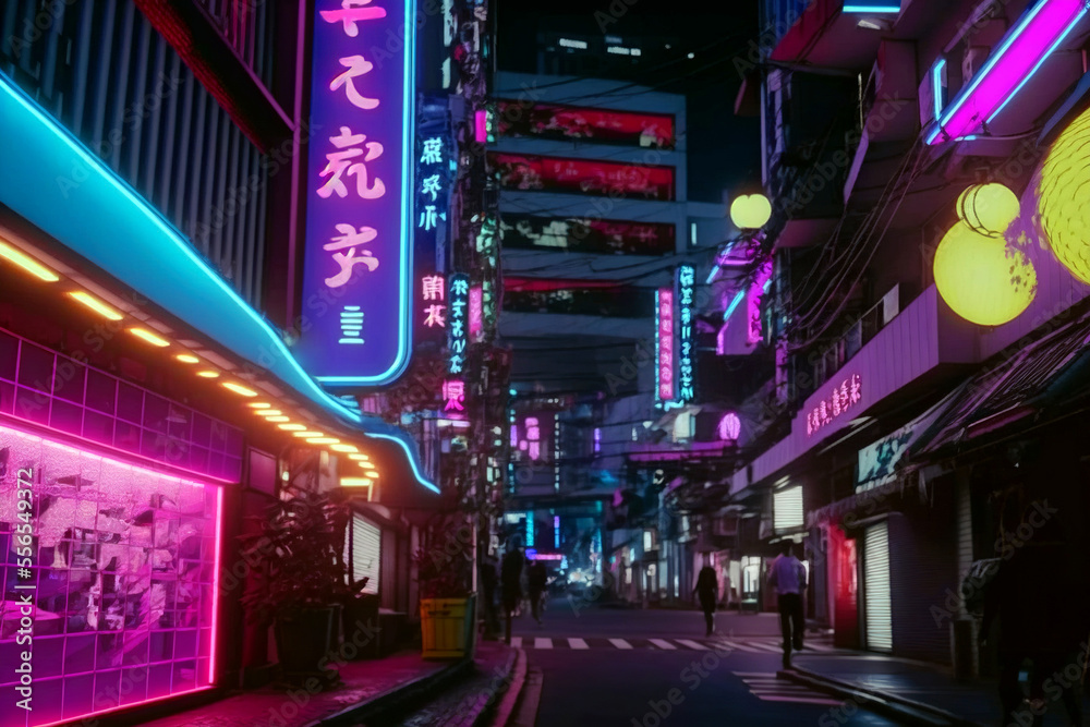 Colorful Asian neon light street with purple neon signs at night, generative ai