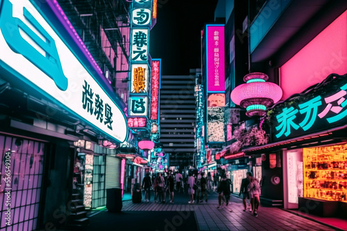 A colorful Asian neon light city with bright neon signs at night, crowded, generative ai