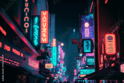Papier peint A colorful anime style futuristic city with neon lights at night, generative ai