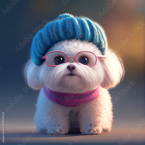 Illustration of a super cute tiny and funny white puppy dog wearing a woven beanie and phux sunglasses, Generative AI