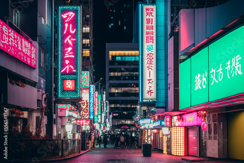 Colorful Japanese city street with neon lights and bright signs at night, generative ai