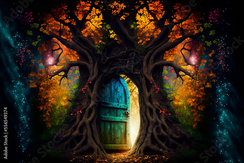 Enchanted fairy tale tree with magical secret wooden door. Magic doorway in a tree. Mysterious forest with a door in a tree that lead to wonderland. Generative AI dream world concept illustration. photo