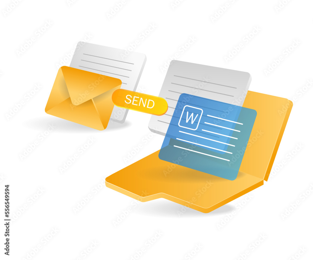 Flat isometric 3d illustration of the concept of sending data to a folder Flat isometric 3d illustration of the concept of sending data to a folder