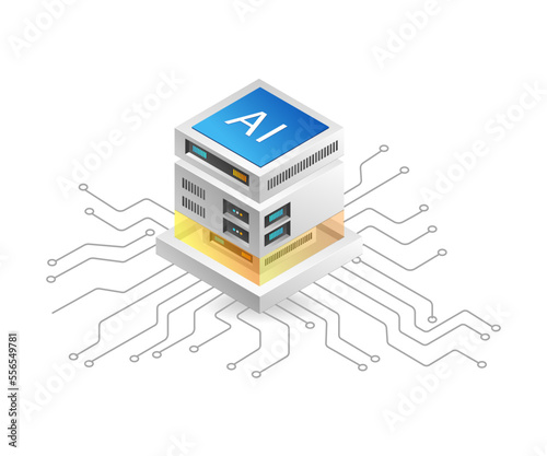 Flat isometric 3d illustration technology server artificial intelligence chip concept