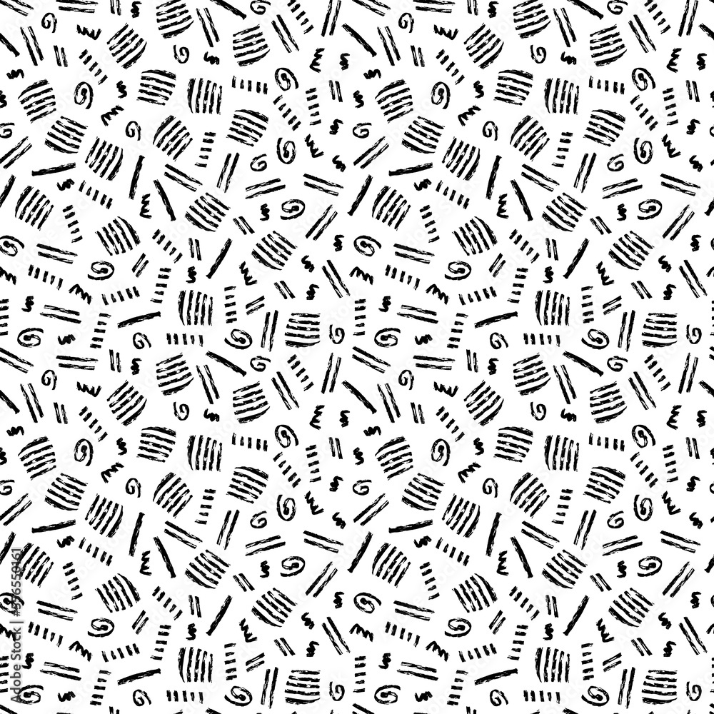 Vector seamless pattern with variou simple hand-drawn geometric shapes on white background. Abstract monochrome seamless pattern can be used for textile, wallpaper, wrapping paper, web.