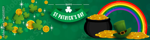 St. Patrick's Day invitation to a holiday, corporate holiday a leprechaun hat,shamrock, pot of gold coins,rainbow, background color. Vector illustration.