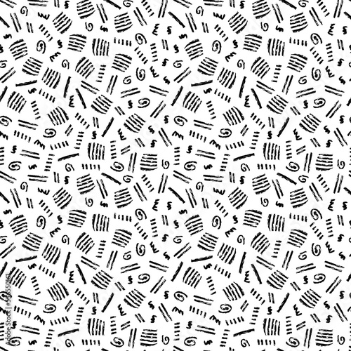 Vector seamless pattern with variou simple hand-drawn geometric shapes on white background. Abstract monochrome seamless pattern can be used for textile, wallpaper, wrapping paper, web.