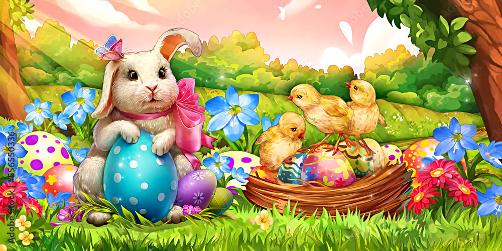 Happy Easter mural, decorative eggs, bunny and chicks in the flower garden