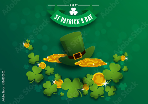 St. Patrick's Day invitation to a holiday, corporate holiday a leprechaun hat,shamrock, pot of gold coins,rainbow, background color. Vector illustration.