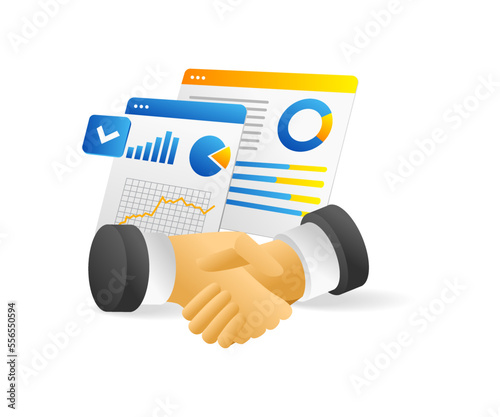 Flat isometric 3d illustration concept of handshake with business analysis deal