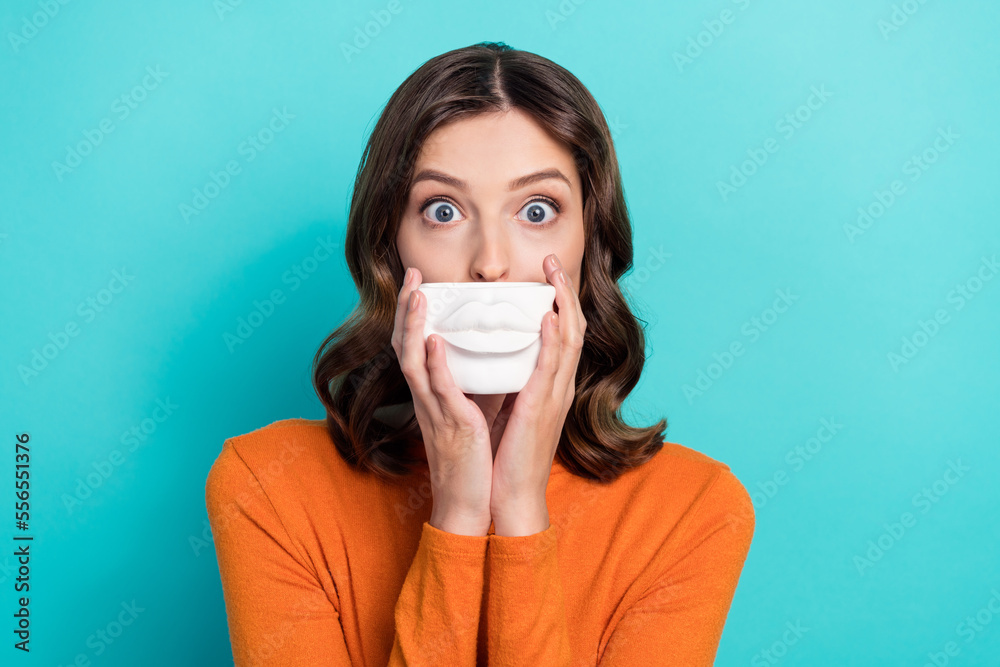 Photo of crazy carefree lady dreaming lip augmentation impressed big size isolated on cyan color background Photo of crazy carefree lady dreaming lip augmentation impressed big size isolated on cyan color background
