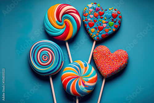 Variously coloured lollipops On a blue background, goodies for the new year. candies for Christmas. delicious heart of lollipops, sweet sucker. Generative AI