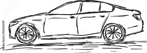 Hand drawn illustration of a car in black pencil on a white background. Drawing of a luxury sedan.