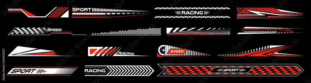 Sport car decal stripes. Car tuning stickers, speed racing stripes. Red markings for transport. Isolated on black background - obrazy, fototapety, plakaty 