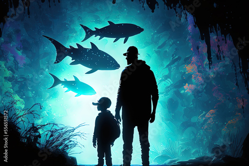 Father and kid in silhouette perusing an aquarium. Generative AI