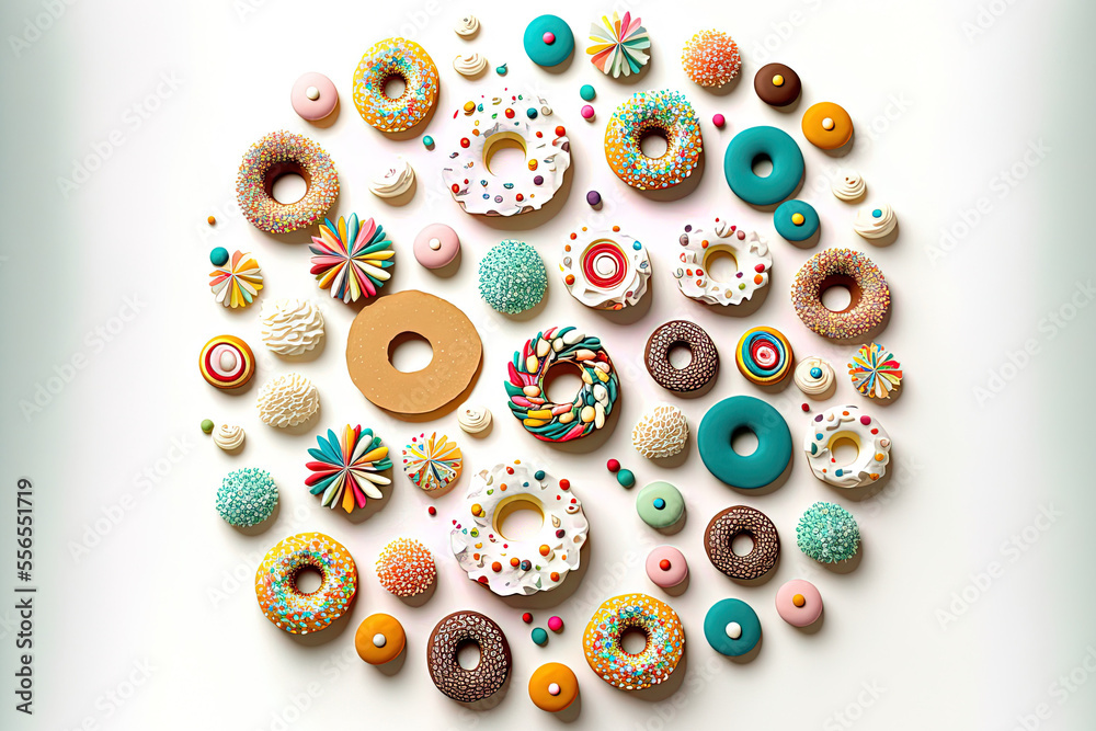 View from above of several festively adorned doughnuts and candies on a white background. Generative AI View from above of several festively adorned doughnuts and candies on a white background. Generative AI