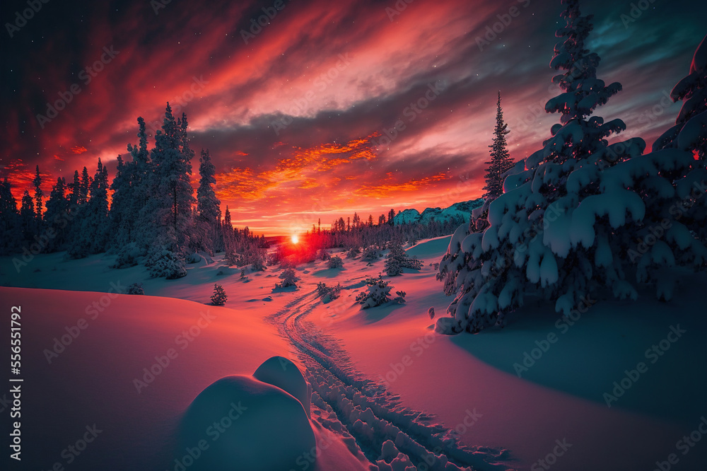 Beautiful winter landscape with snowy trees in sunset. Generative AI.