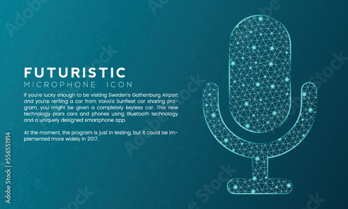 Blue futuristic microphone concept with polygon node connected dots and neon effect