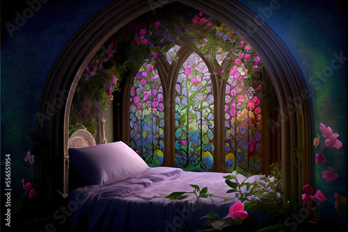 Beautiful multicolor fantasy bedroom, AI generated